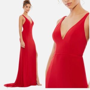 Mac Duggal Red Plunge Neck Gown — Size 12, NWT, High Slit, Elegant Formal Dress
